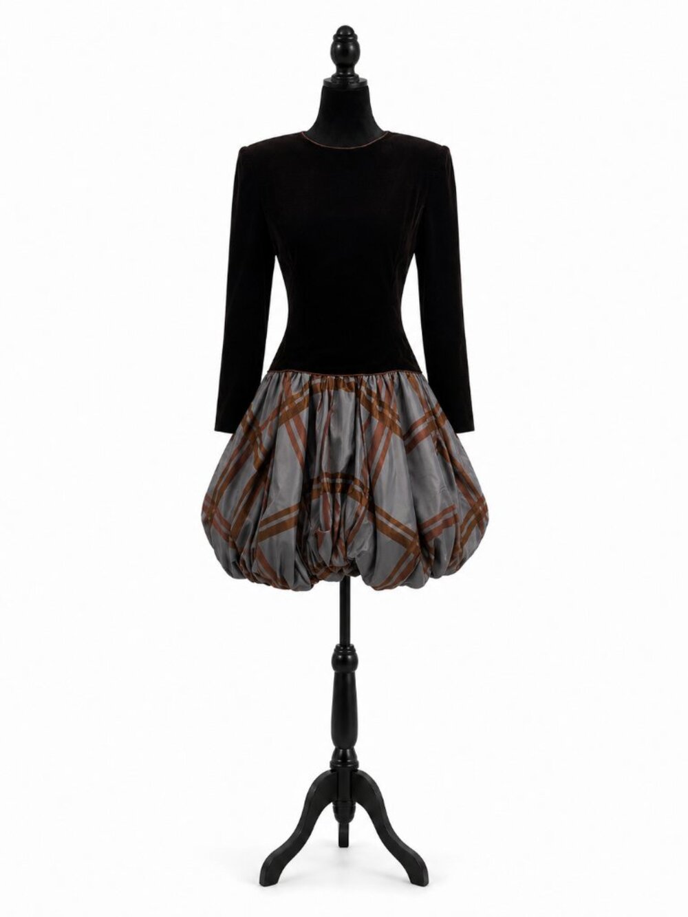 Vintage Tracy Mills Velvet Bubble Dress Size 6 Brown Plaid Party Dress